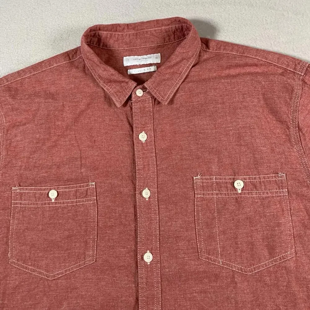 Lucky Brand Shirt‎ Mens XL Red Long Sleeve 100% Linen GI 2 Chest Pockets Classic